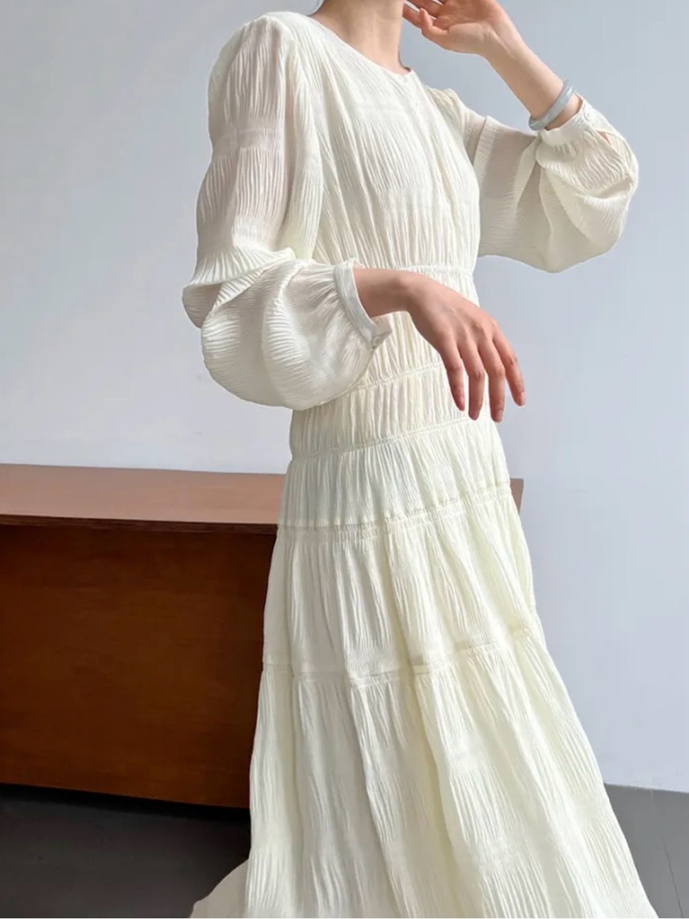 French Pressed Pleated Chiffon Long Sleeve Fairy Dress midi
